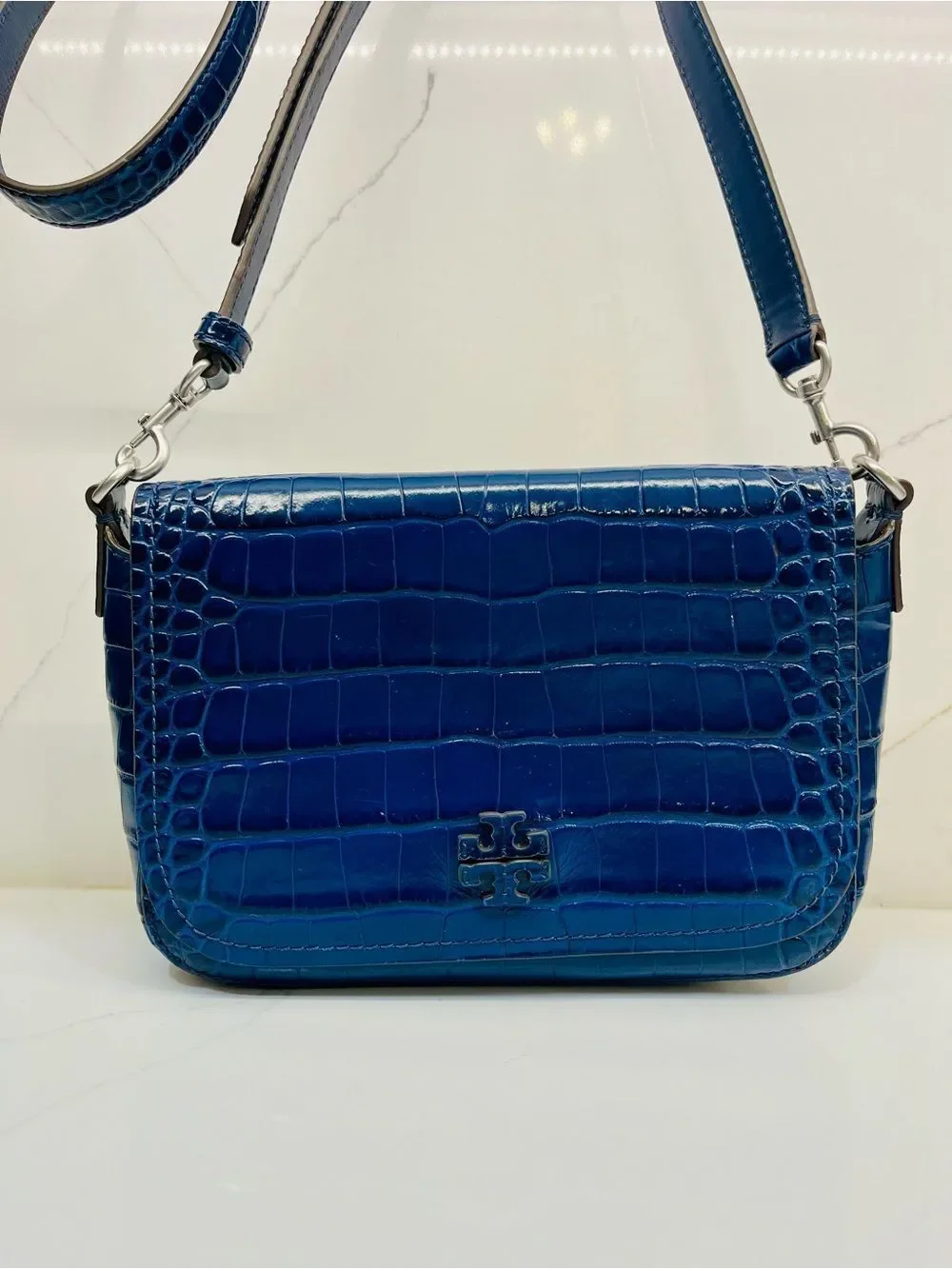Tory Burch Thea Croc-Embossed Leather Flap Crossbody Bag Adjustable Straps